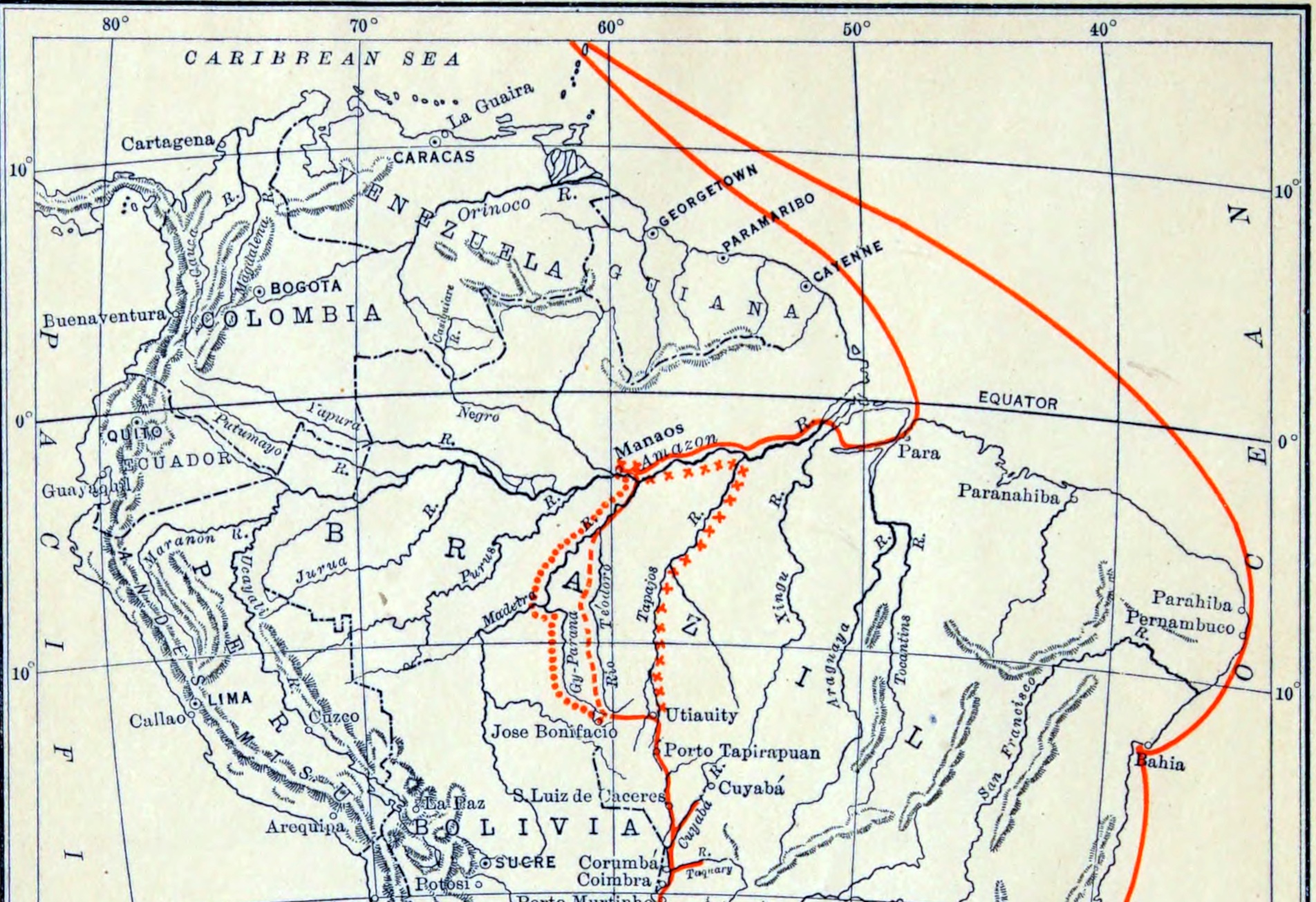 Part of the source map of Brazil showing both black and red linework.