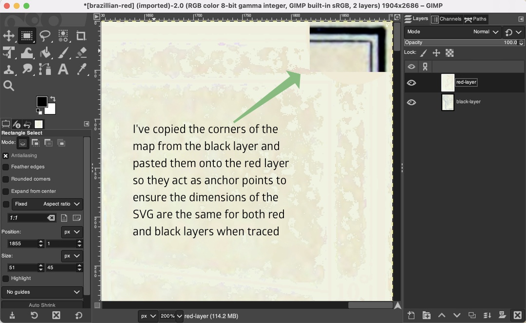 Showing a map corner copied from the black layer onto the red layer to ensure the dimensions after tracing are the same.