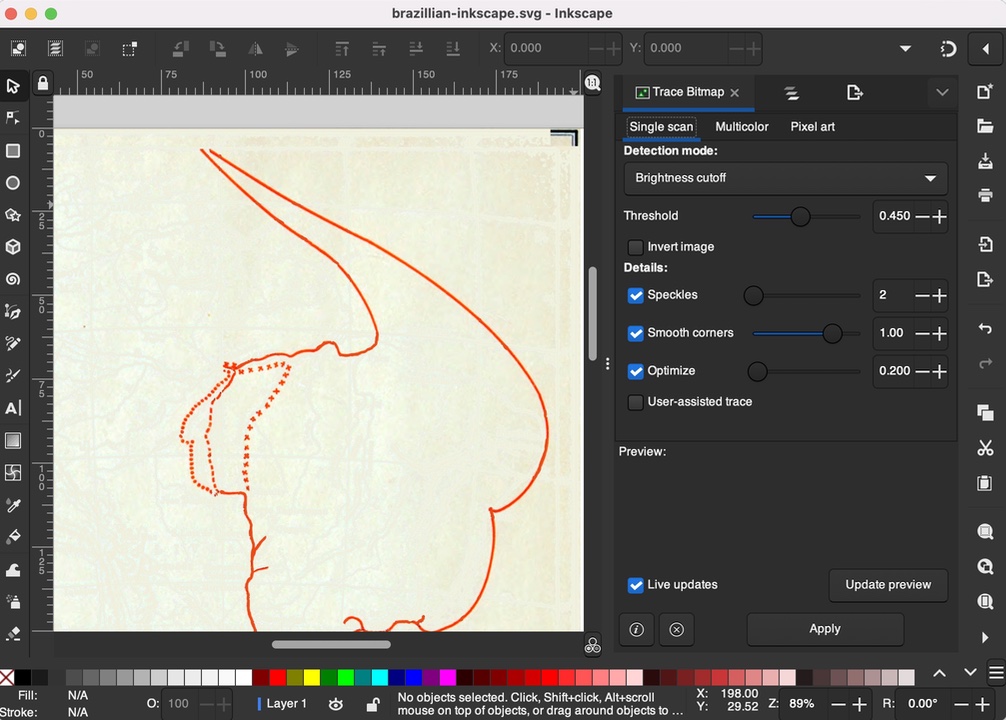 Shows the tracing tool being used on the red layer in Inkscape.