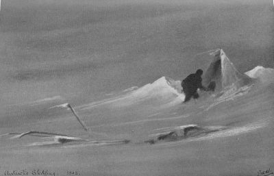 A drawing of a man entering a tent surrounded by snow and high wind.