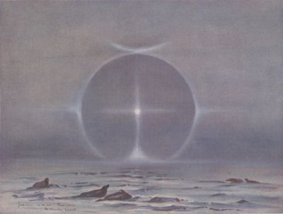 A painting of the moon above a snowscape with seals. The moon is ringed by a white glow.