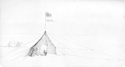 A sketch of a tent pitched in snow, with two flags flying over it.