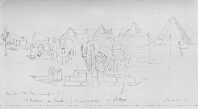 A sketch of men and mules amidst tents.