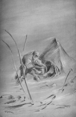 A drawing of a man carrying a pot into a tent during a blizzard.