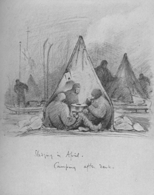 A drawing of three men inside of a close tent. Shadowy men and tents lie in the background.