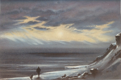 A painting of a man walking down a snowbank, followed by a dog. The sky is cloudy and lit from behind the clouds.