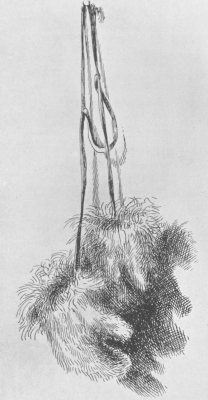 A drawing of mittens made of dogskin, hanging from a peg.