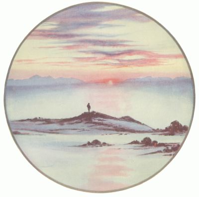 A circular painting of a person standing on a snowy hill. The sun is setting in the distance.