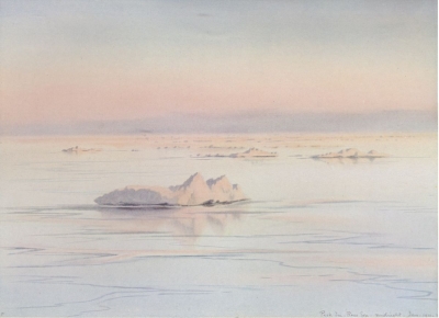 A painting of an iceberg floating in an icy sea.