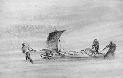 A drawing of three men running a sledge in a high wind.