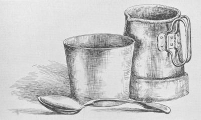 A drawing of a spoon, cylindrical mug, and a mug with a handle and spout.
