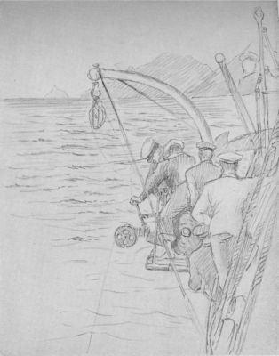 A drawing of sailors operating a winch aboard a ship.