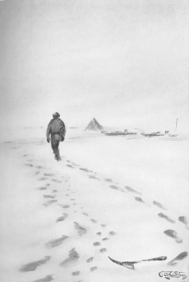 A drawing of a man walking in the snow towards a tent in the distance.