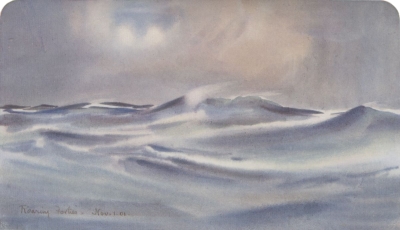 A painting of snowy hill swept by wind.