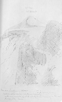 A sketch of mountains, with handwritten notes.
