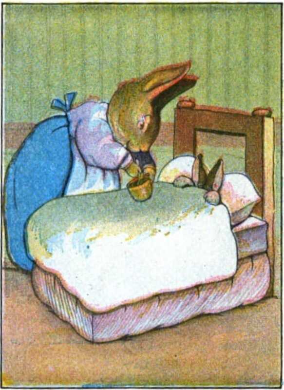 Mrs. Rabbit (wearing a blue dress and white apron) tucks Peter into bed. Only the tips of his ears and paws are visible.