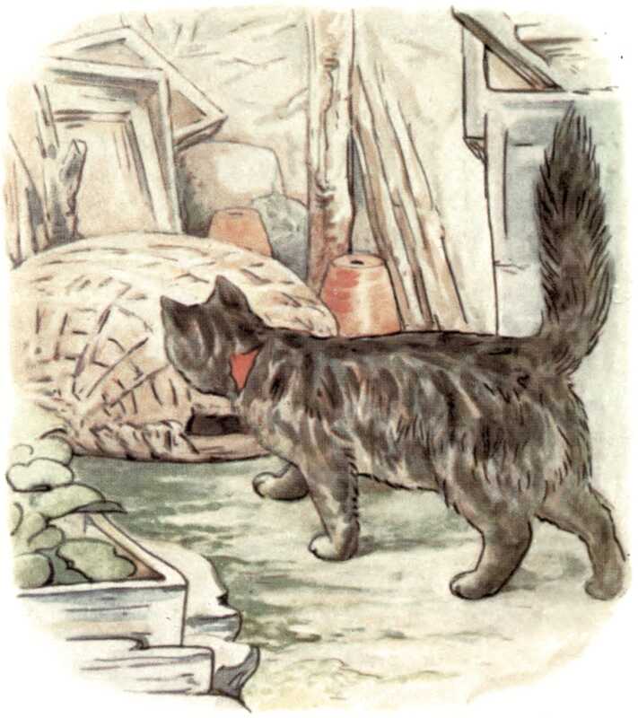 The cat, with its fluffy tail held high, looks at an overturned basket.