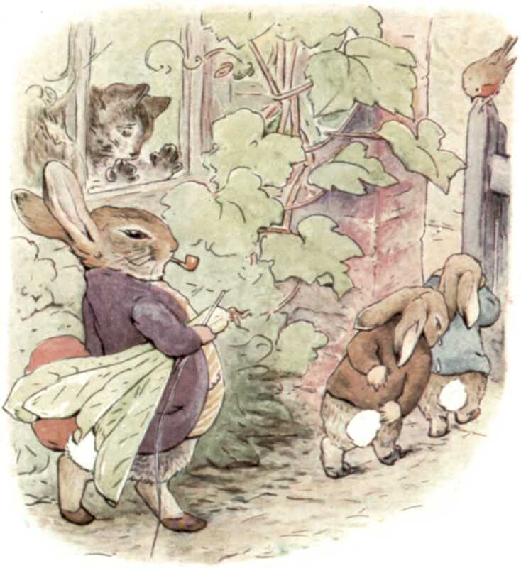 Benjamin and Peter walk through the garden gate while crying, watched by a robin. Benjamin is clutching his bottom. Behind them walks Old Mr. Bunny, who is carrying the sack of onions and a large lettuce. The cat watches on through the window of the greenhouse.