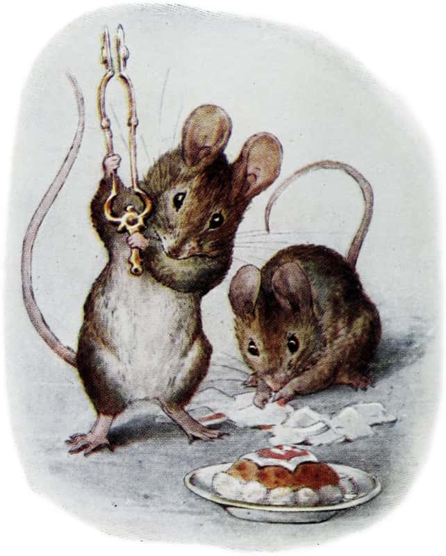 The first mouse is standing holding up a pair of gold sugar tongs in front of a plate containing a pudding. Behind, another mouse sits in front of a broken plate.