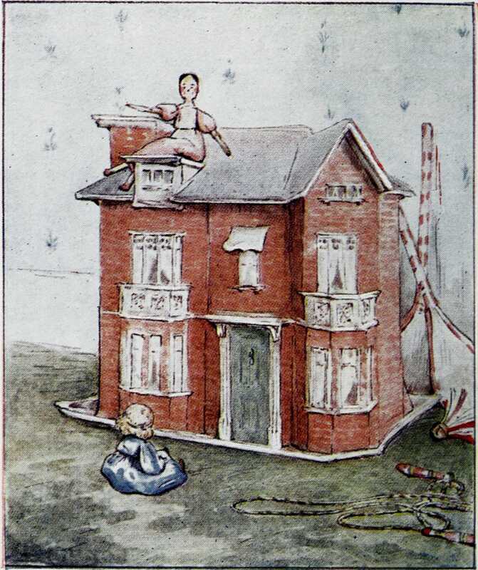 A doll in a pink dress is sitting on a red two-storey doll’s-house. In front of the house is sitting another doll in a blue dress. A skipping rope is lying on the floor, and a couple of tennis racquets are standing up behind the house.