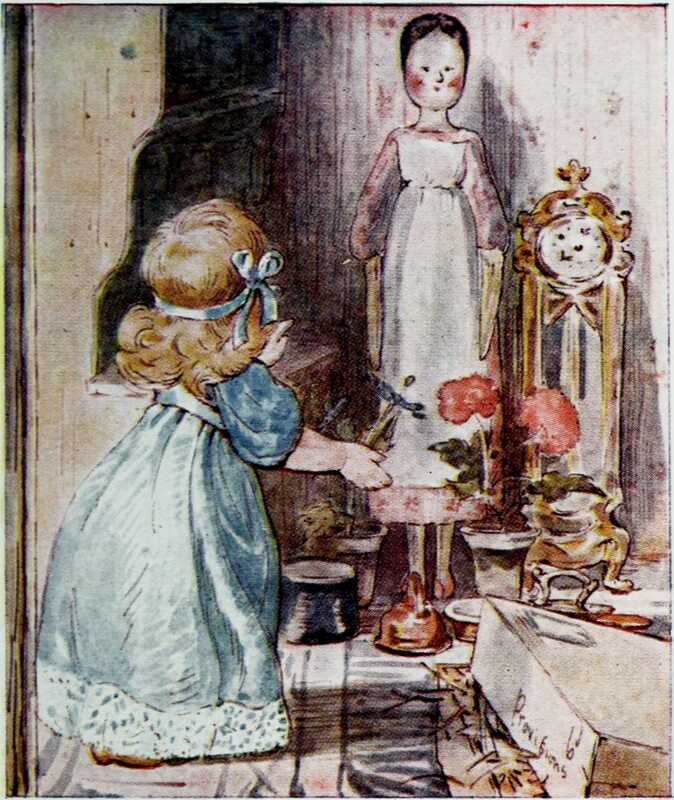 Lucinda is talking to Jane, who is standing in the corner next to a clock and a vase of red flowers. On the floor next to them is a large cardboard box labelled “Provisions 6d.”