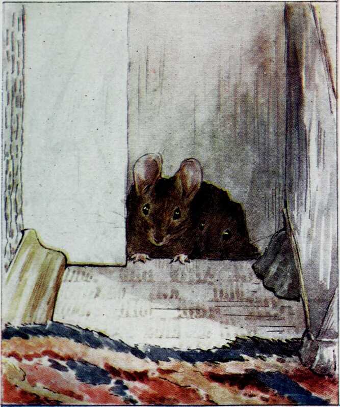 Tom Thumb is a brown mouse with big black eyes. He is peeping out of a hole in the wall next to the head of another mouse. In front of him is the corner of a red and blue rug.