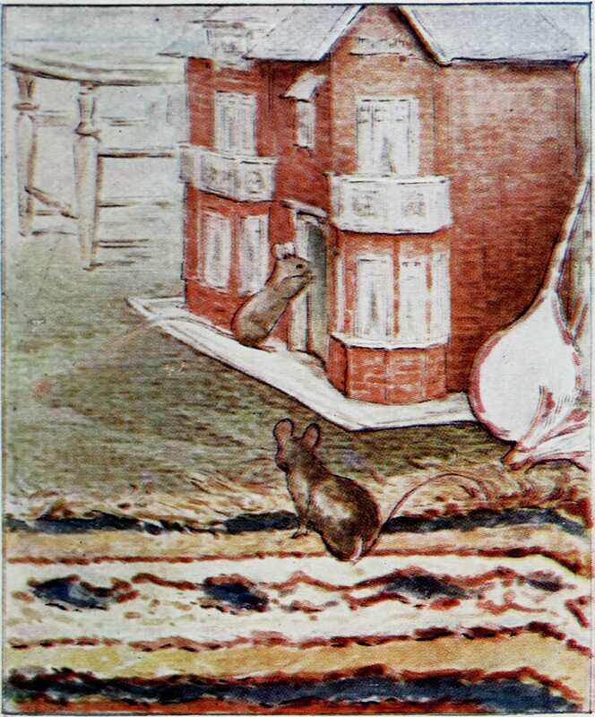 Tom Thumb and Hunca Munca walk cautiously over the rug to the doll’s-house and peer in through the front door.