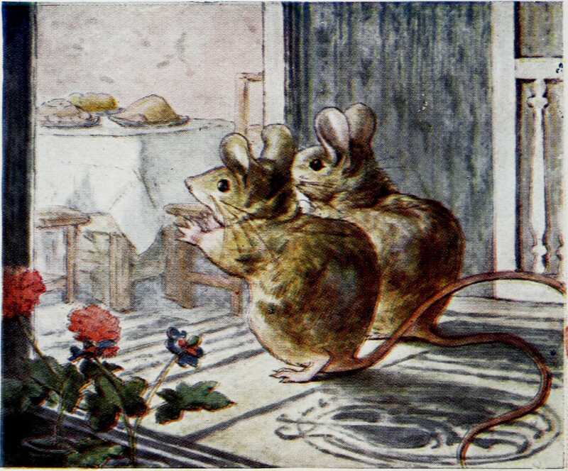 Both the mice gaze in wonder at the brightly lit front room of the doll’s-house.