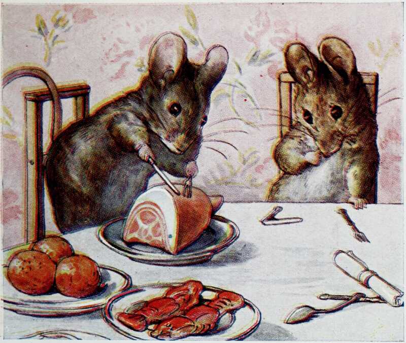 The mice are sitting at a table covered in beautiful food. Tom Thumb has a fork in his left paw and a knife in his right, and is attempting to carve the ham.