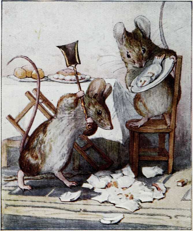 Tom Thumb smashes the plate and ham to pieces with a tiny shovel. His chair has toppled over in his rage. Hunca Munca is still holding the plate of fish.