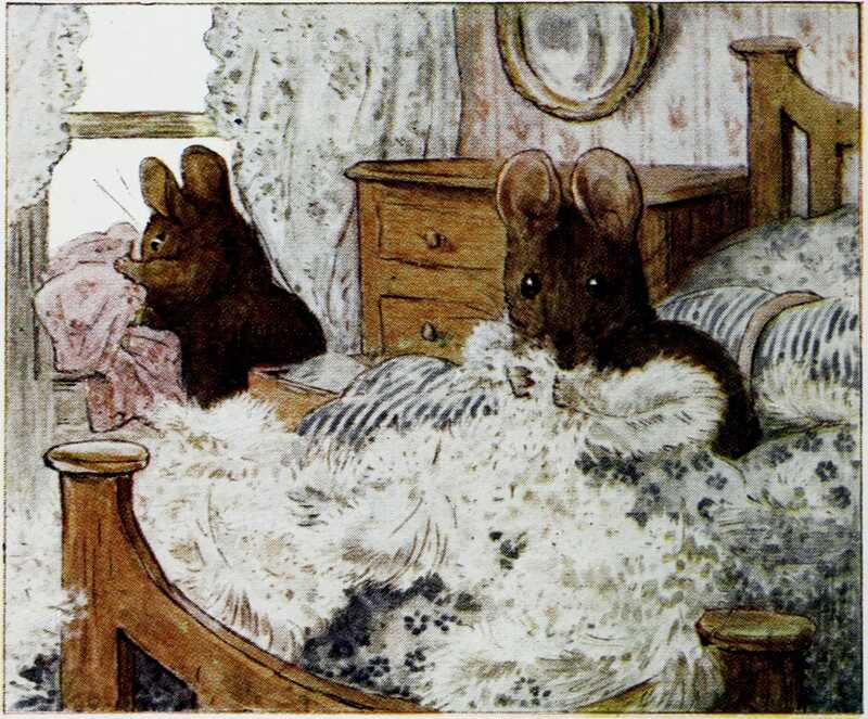Hunca Munca is sitting on a bed covered with a blue and white striped blanket and a large pile of feathers. In the background, Tom Thumb is pushing a pink dress through the window.