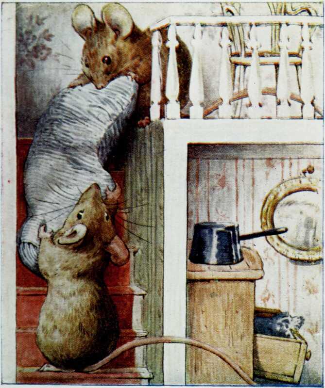 The two mice carefully carry the mouse-sized bolster down the stairs of the doll’s-house. Next to the bottom of the stairs stands a chest of drawers with the drawers half open and a saucepan on top.