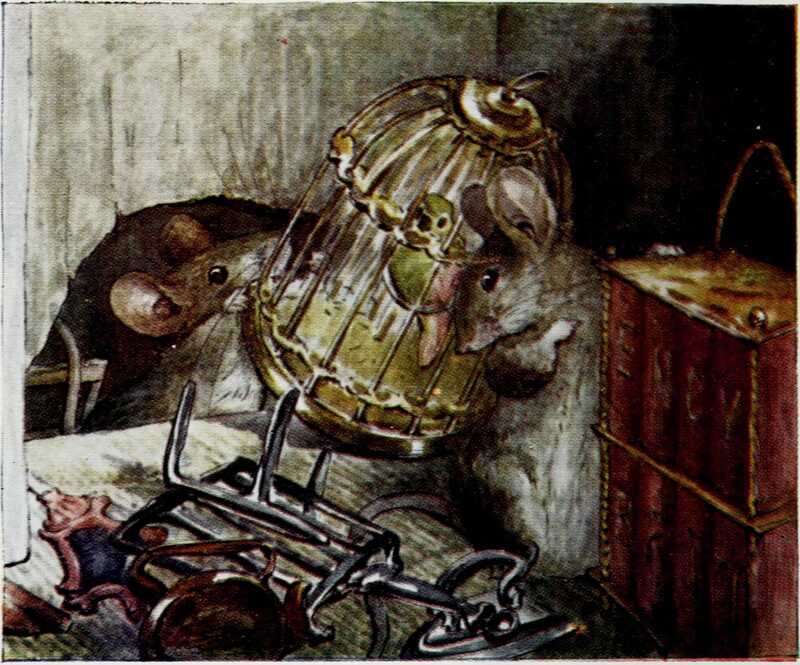 The mice are attempting to squeeze through the hole in the wall many things they’ve taken from the doll’s-house, including a lamp, a red chest, and a mouse-sized birdcage with a green parrot in it.