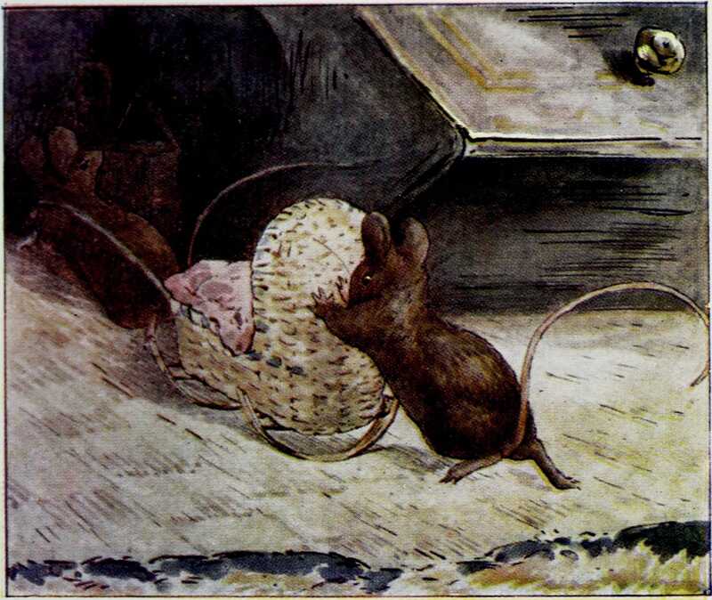The mice push a wickerwork rocking cradle with a pink blanket over the rug towards the hole in the wall.