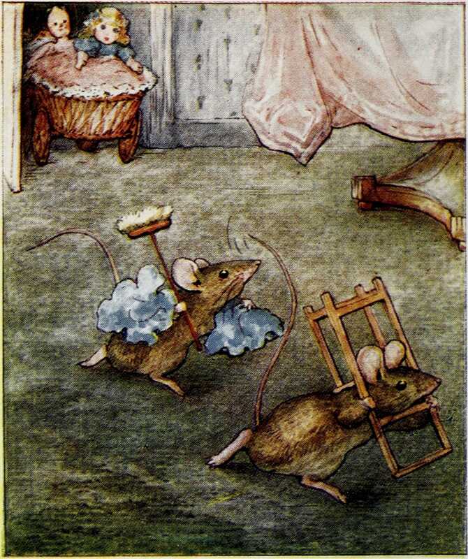 The mice run across the rug. One is carrying a chair, and the other a brush and some puffy blue cloth. Jane and Lucinda have arrived in the doorway in a wickerwork pram with a pink coverlet.