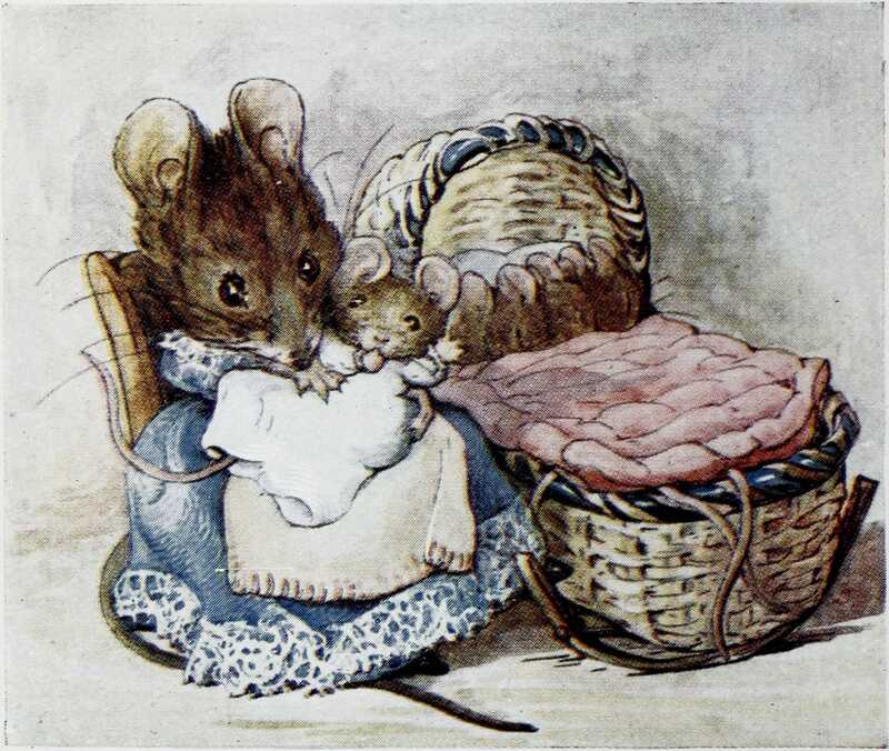 Hunca Munca, wearing a blue dress, sits in a rocking chair holding a baby mouse. Next to her is the wickerwork cradle with a pink coverlet.