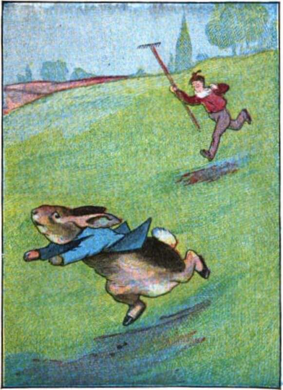Peter, looking scared, runs across a green lawn, pursued by Mr. McGregor waving a rake.