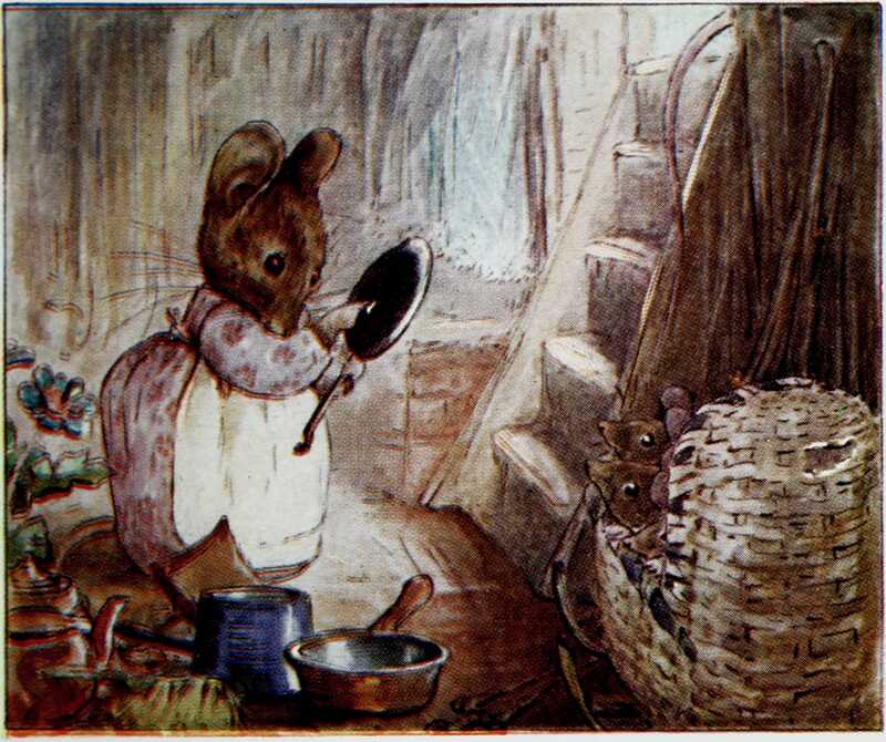 Hunca Munca, wearing a pink dress with a white apron, inspects a frying pan. Next to her are other pans, kettles, and the cradle with two baby mice in it.