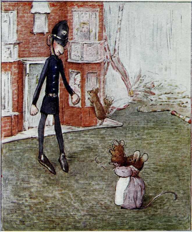 A doll dressed as a policeman is guarding the door of the doll’s-house from Hunca Munca. She’s holding a baby mouse, and two more mice are peering in through the front window at Jane. Through one of the upstairs windows we can see another mouse.