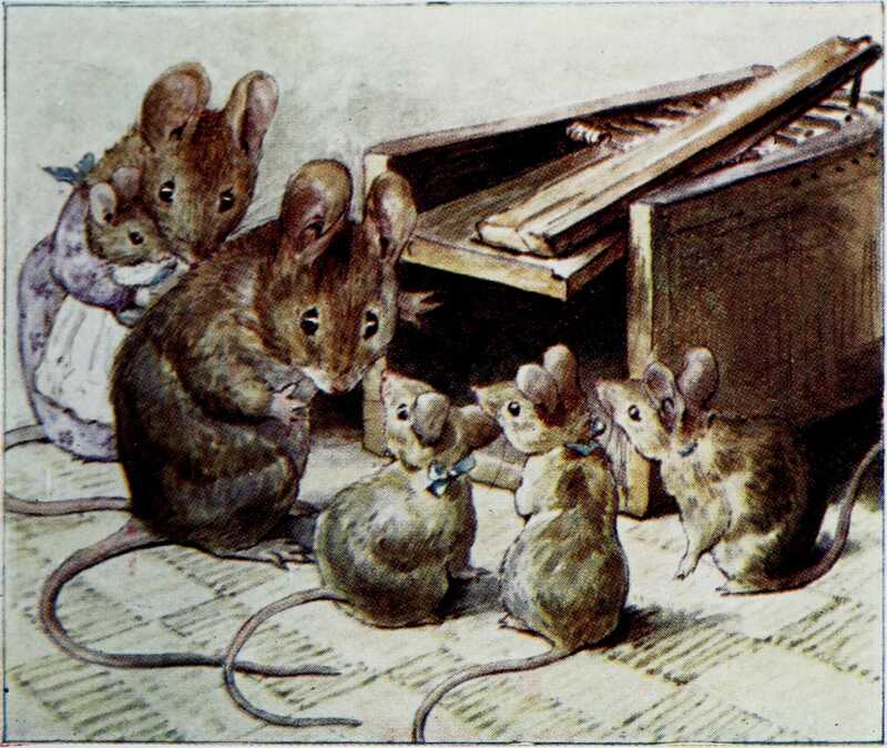 Tom Thumb is standing in front of Hunca Munca and baby mouse, and explaining about the big mouse trap next to him to his other three children.