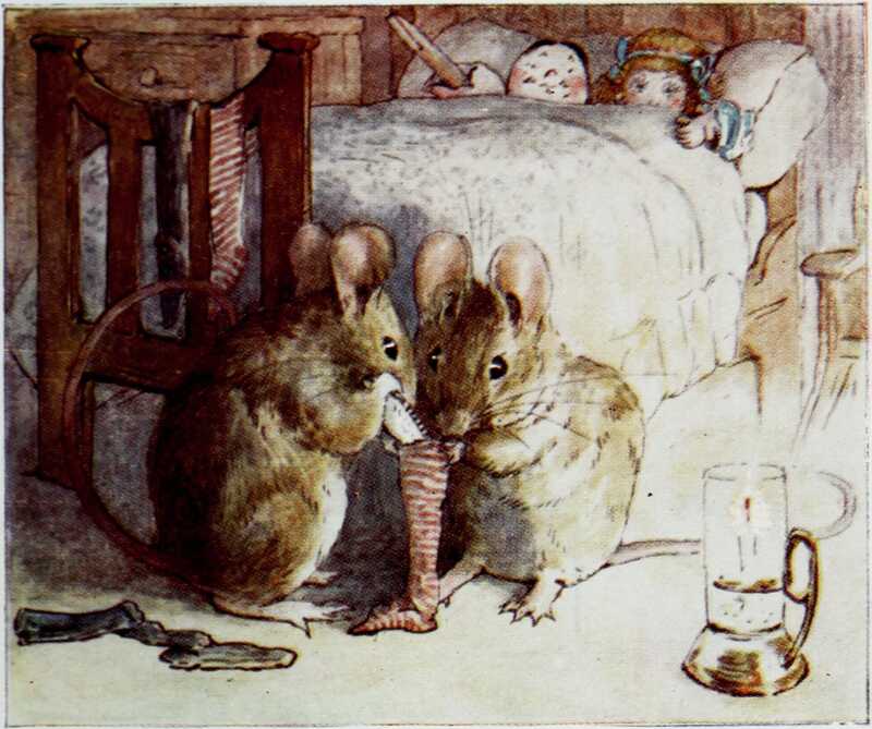 Jane and Lucinda are tucked up in bed. By the light of a small lantern, the mice are pushing a small coin into one of the red and white stockings that are hanging from the foot of the bed.