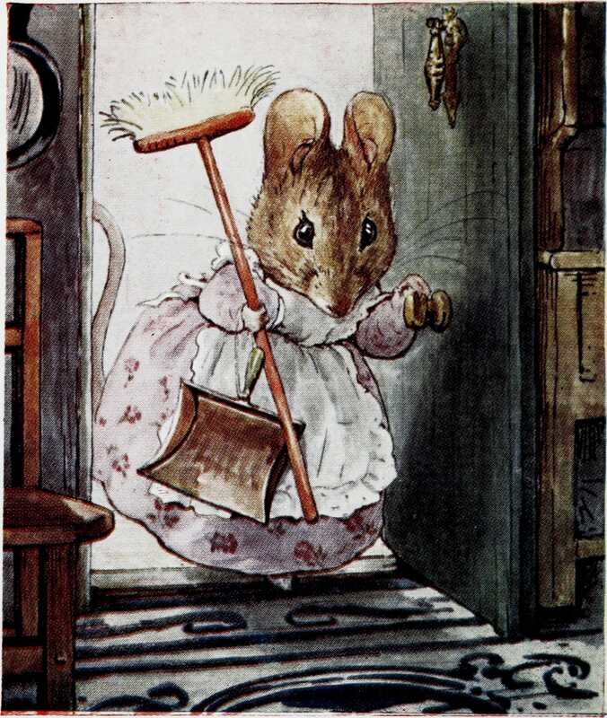 Hunca Munca is carrying a dustpan and brush, and carefully pushing open the green door of the doll’s-house.