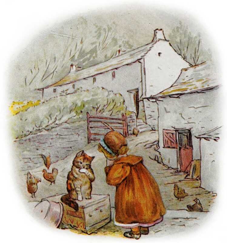 A girl in a long red coat with a blue hairband stands talking to a brown cat who is sitting on a box. They’re both in front of a white farm on the side of a hill. Chickens are pecking at the ground in the background.