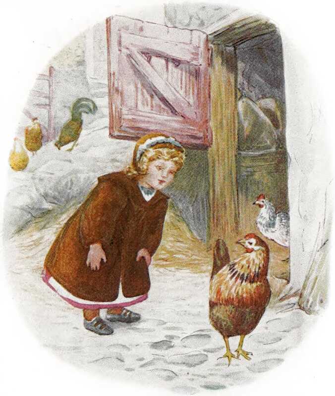 Lucie bends down in front of the barn door to talk to a brown hen.