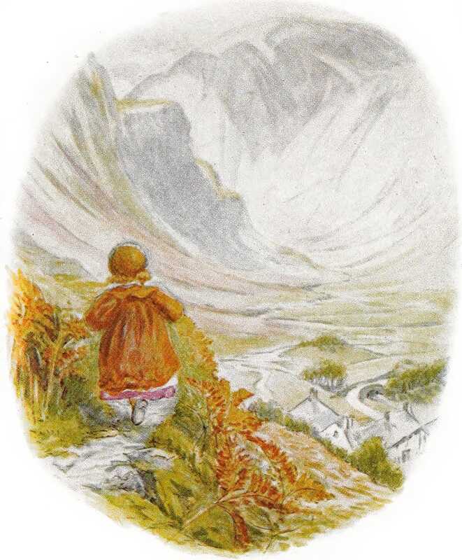 Lucie runs along a path between stands of bracken. Down the hillside can be seen the white farm, and in the distance is a valley between big cliffs.