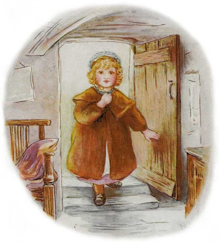 Lucie has pushed open the door and stands in a hallway, looking slightly apprehensive. To the left of the door is a wooden chair with a purple cushion, and to the right is a wooden chest of drawers.
