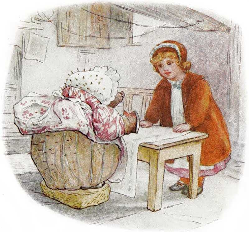 Mrs. Tiggy-winkle is standing on a step so that she can reach the cloth on the table in front of her with her hot iron. On the other side of the table is Lucie.