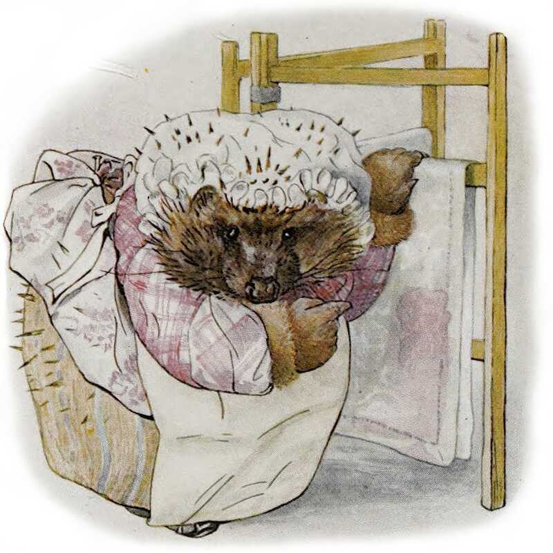 Mrs. Tiggy-winkle gestures at a piece of cloth patterned with flowers that’s hanging from a drying rack.