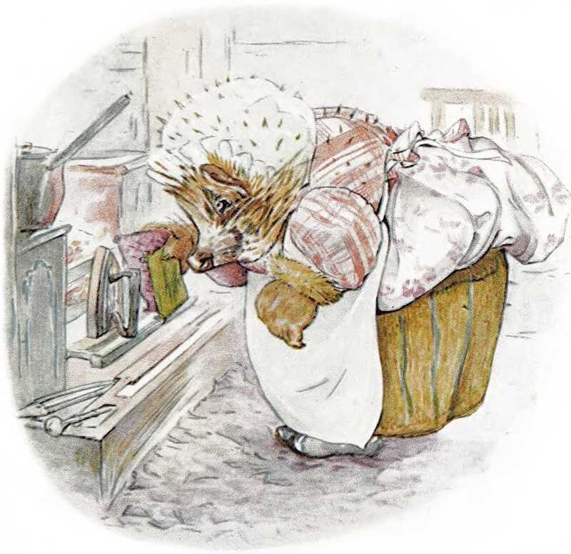 Mrs. Tiggy-winkle bends down to pick up the iron that’s been heating in front of her fire.