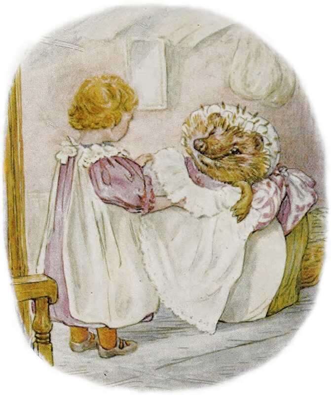 Lucie inspects the white pinafore that Mrs. Tiggy-winkle is holding up.